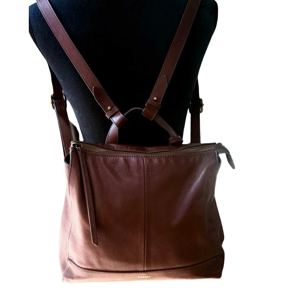 Fossil Elina Convertible Leather Backpack Shoulder Bag Brown